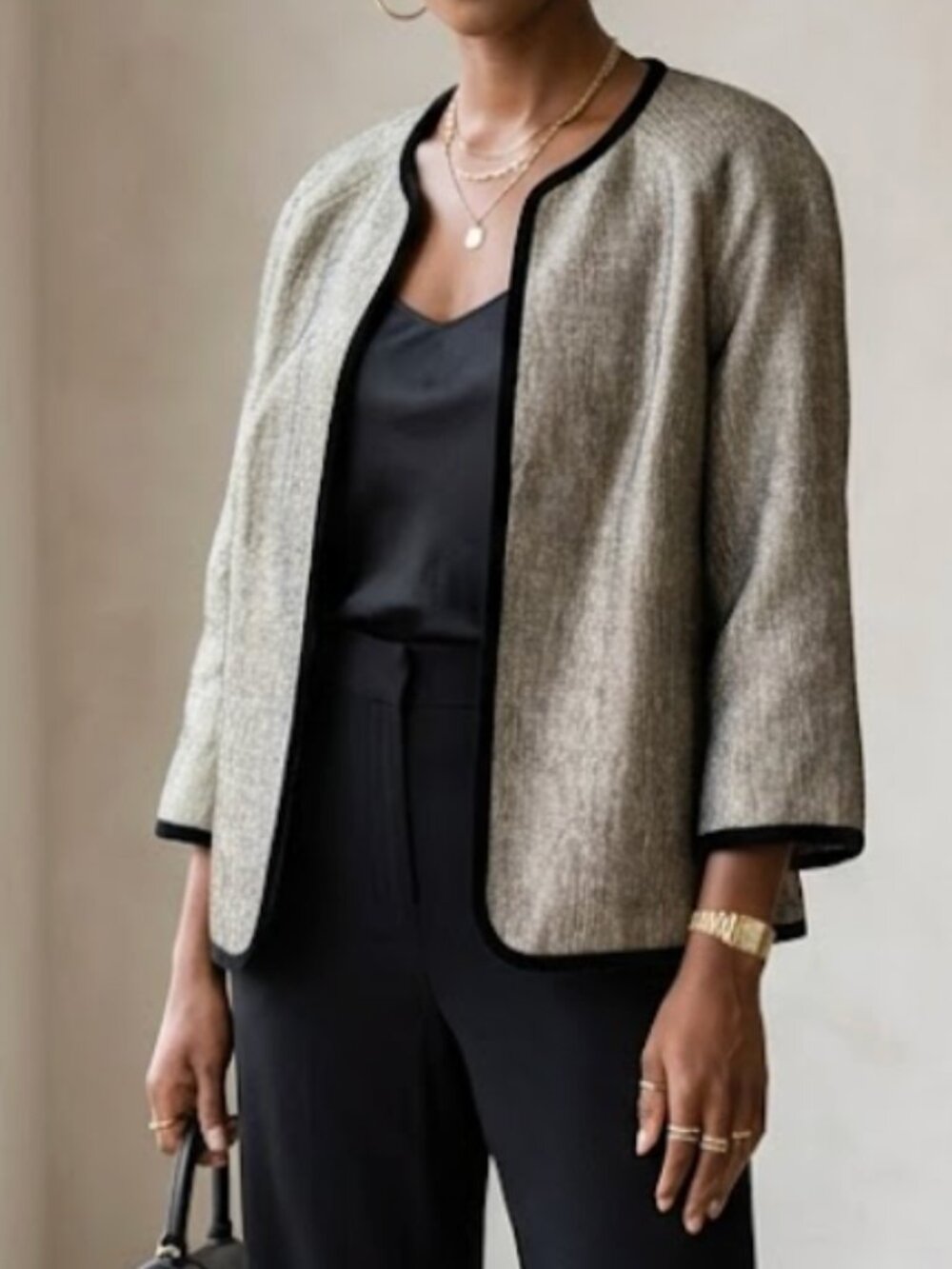 Vintage Kasper Linen Silk Collarless Open Blazer Black Trim SZ 16